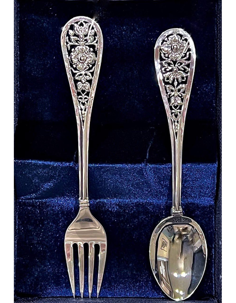 Срібний дитячий набір ложка та виделка “Галявина”